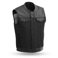 Thumbnail for Rough Neck Raw Denim with Diamond Cowhide on Top. Club style with banded collar, covered snaps and cropped center zipper. Two buttoned chest pockets. Two buttoned slash pockets. Two conceal carry pockets with tapered holsters (quick access on left hand side). Interior cellphone pocket on left hand side. Unlined raw denim.